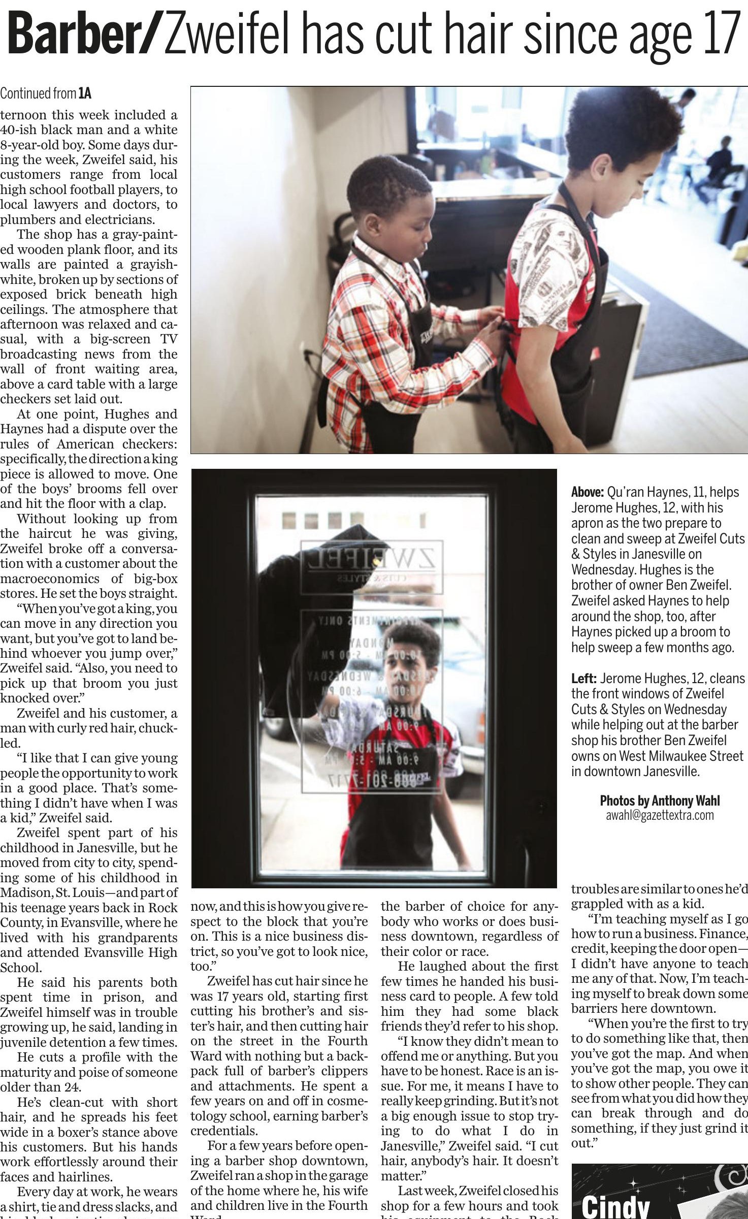 Gazette feature article: Barber Zweifel has cut hair since age 17